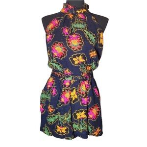 Rachel Roy Romper Shorts Size M Tropical Print Halter Neck Tie Back